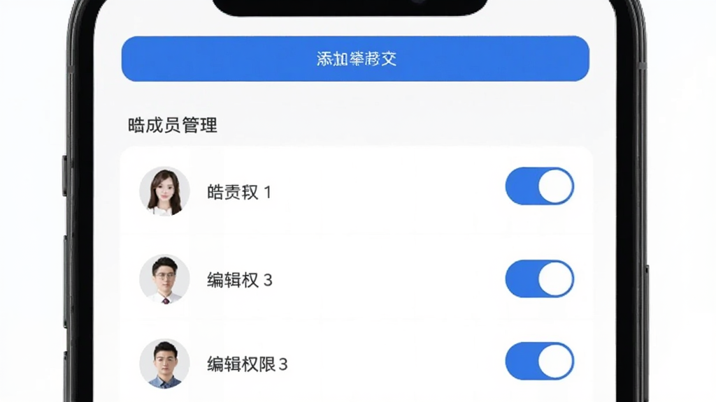 皓月营销权限管理界面,手机屏幕显示成员列表,每个成员右侧有开关按钮控制查看和编辑权限,顶部有添加成员按钮,界面以白色和蓝色为主,图标简洁,风格商务,画质干净