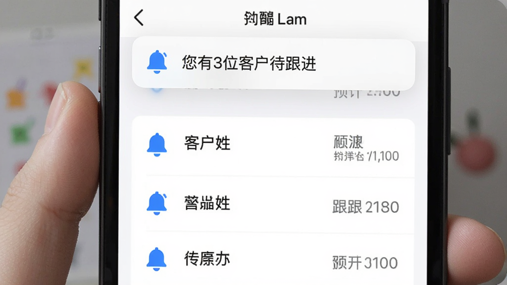 皓月营销跟进提醒功能界面,手机屏幕上方弹出提醒通知“您有3位客户待跟进”,下方是待办列表,每条显示客户姓名和预计跟进时间,背景为白色,图标为蓝色铃铛,布局清晰,风格简约,画质干净