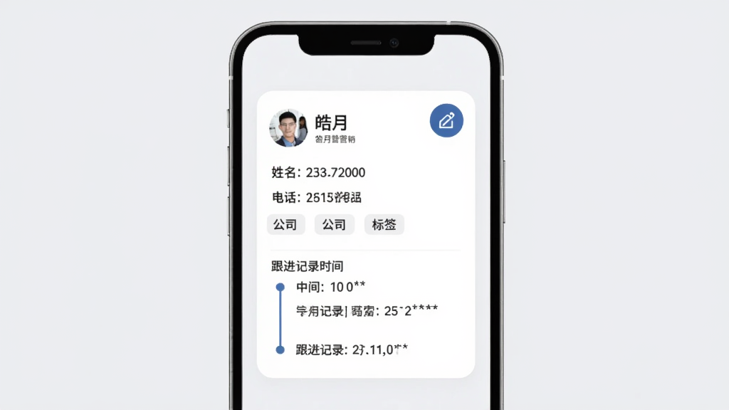 皓月营销客户详情页展示,手机屏幕中央是一张客户信息卡片,包含姓名、电话、公司、标签和跟进记录时间线,背景为浅灰色,卡片为白色圆角设计,右上角有编辑按钮,整体风格简洁商务,画质清晰