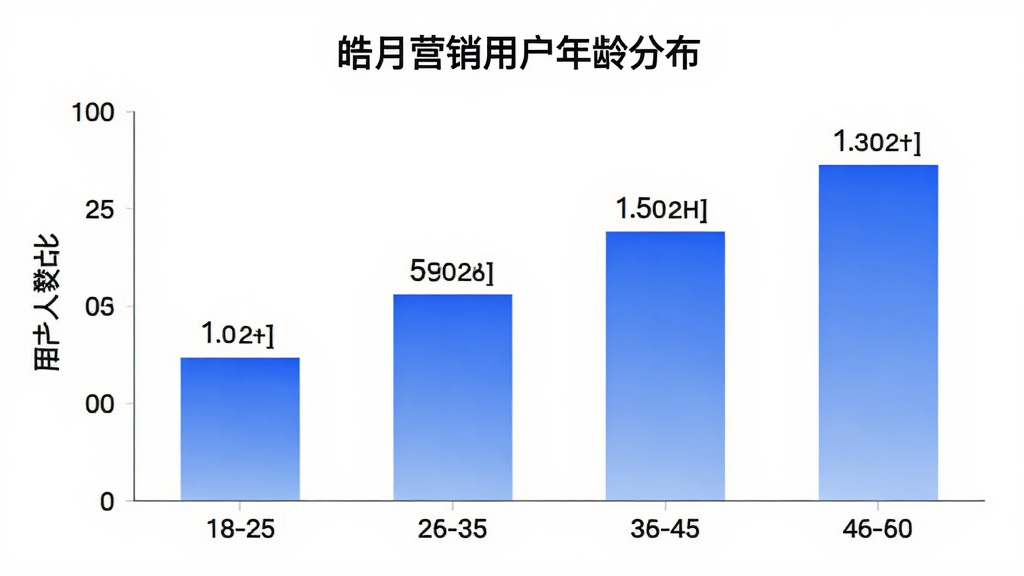 皓月营销用户年龄分布柱状图,横轴为年龄段18-25、26-35、36-45、46-60,纵轴为用户人数占比,柱状颜色为蓝色渐变,图表标题为“皓月营销用户年龄分布”,背景白色,数据标签清晰,风格简洁商务,画质干净无多余元素