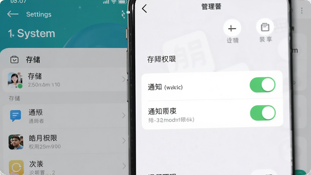皓月营销安装权限设置示意图,手机屏幕显示应用权限管理页面,存储和通知权限开关为打开状态,背景为系统设置界面,风格简洁,文字清晰,画质干净