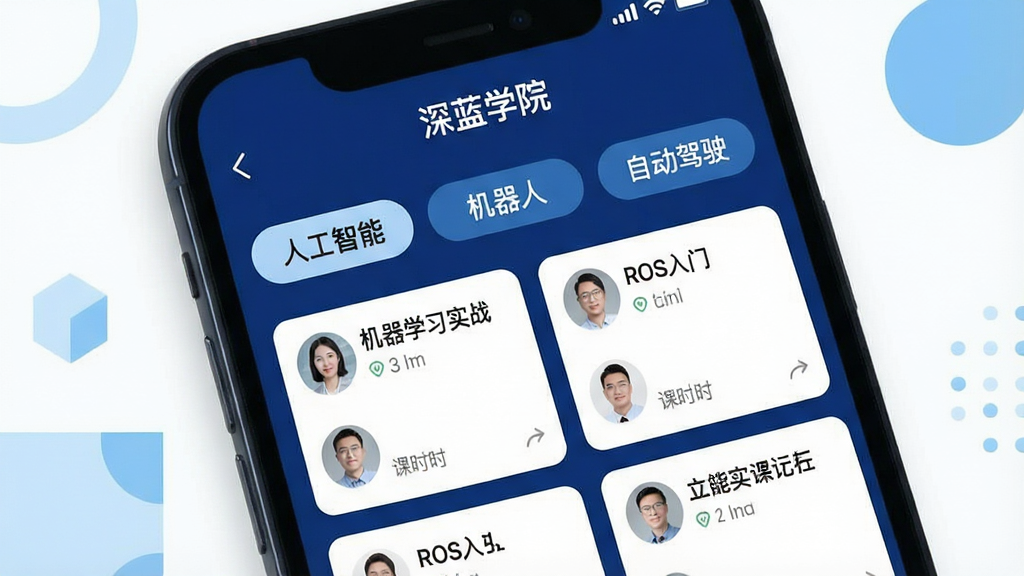 һ��չʾ����ѧԺAPP�γ���ϵ�����ͼƬ������������һ���ֻ�����Ļ��ʾ������ѧԺ��APP�Ŀγ̷���ҳ�棬�����г����˹����ܡ����������ˡ������Զ���ʻ���ȷ����ǩ���·��ж�Ӧ�Ŀγ̿�Ƭ���硰����ѧϰʵս������ROS���š��ȣ���Ƭ���н�ʦͷ��Ϳ�ʱ���������Ǽ��İ�ɫ����׺��ǳ��ɫ�ļ���ͼ�Σ�����ִ���ƽ�����ʸɾ����޶���Ԫ�ء�