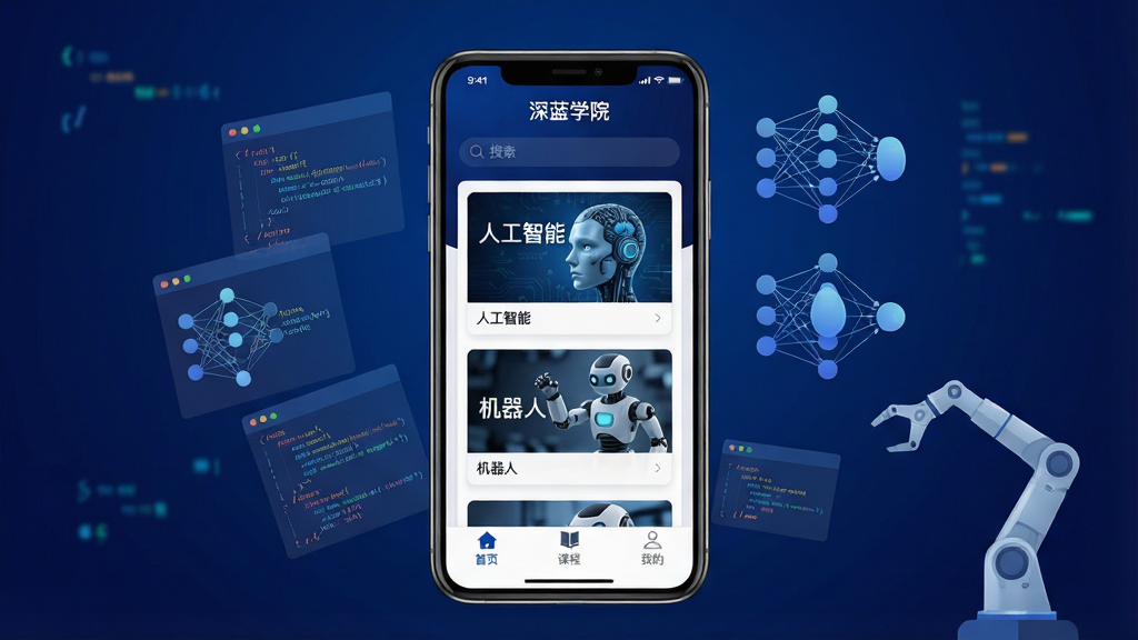 һ��չʾ����ѧԺAPP���Ľ���ĿƼ��纣��������������һ�������ֻ�����Ļ����ʾ�š�����ѧԺ����APP���棬�����������ɫ�������������������м��ǿγ̿�Ƭ�ٲ������������˹����ܡ����������ˡ��ȿγ̷��棬�ײ��С���ҳ�������γ̡������ҵġ����������ֻ���ΧƯ���Ŵ���Ƭ�Ρ�������ڵ㡢��е�۵ȿƼ�Ԫ�أ��������������ɫ���䣬������ִ������ʸɾ��������޶���Ԫ�ء�
