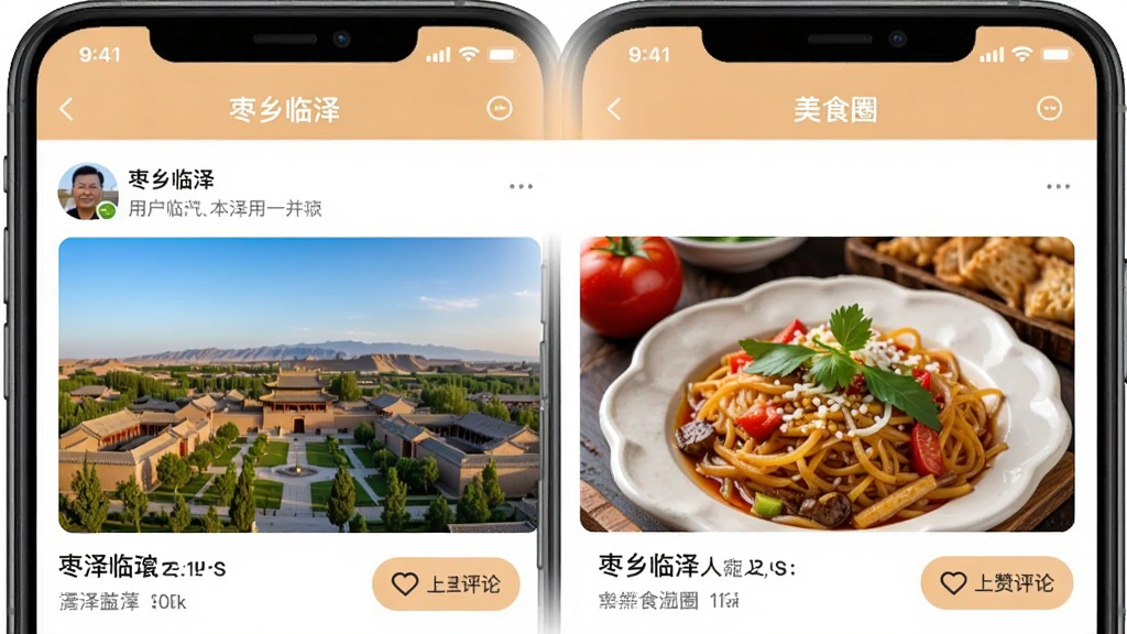 һ��չʾ����������App��������Ȧҳ���ͼƬ��ҳ������ʾ�û����������󱾵ط羰�պ���ʳ��Ƭ���������������͵������۰�ť����������ܰ�Ѻã����������ɾ����޶���Ԫ��
