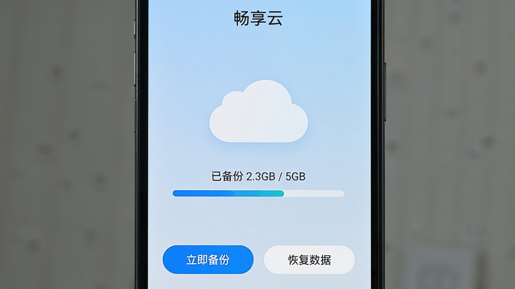 һ���ֻ���Ļ��ʾ�������ơ����Ʊ��ݽ��棬�м���һ�������ƶ�ͼ�꣬������ʾ���ѱ��� 2.3GB / 5GB���Ľ��������ײ��С��������ݡ��͡��ָ����ݡ�������ť��������ǳ��ɫ�������࣬���ʸɾ�