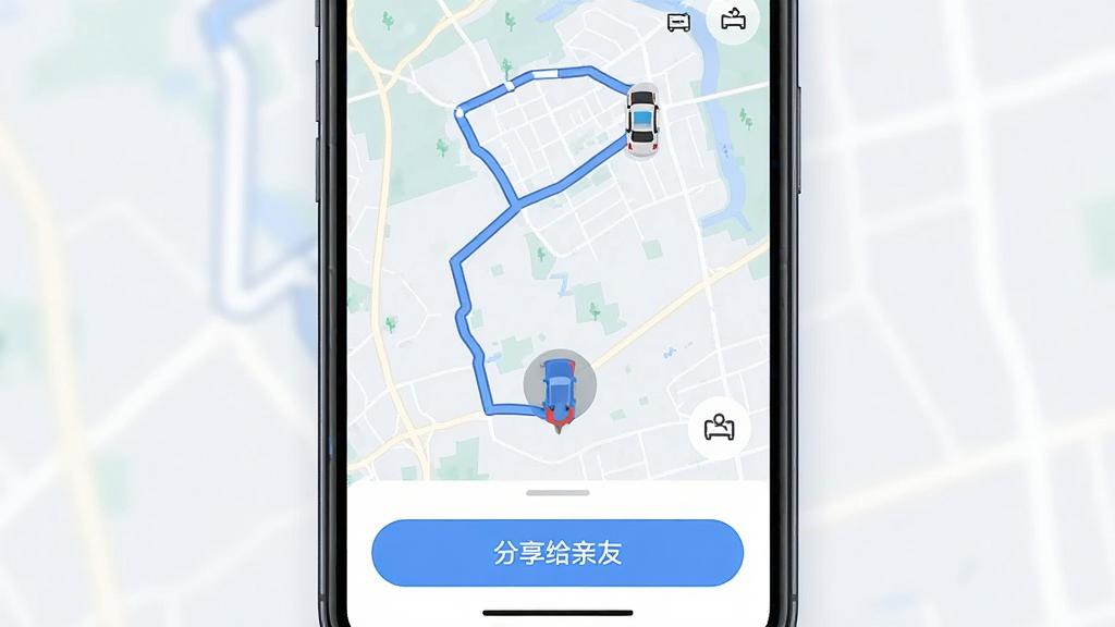һ��ƴ��App�г̷������ܵĽ����ͼ���ֻ���Ļ��ʾ��ͼ·�ߺͳ���λ�ã��ײ��з��������ѵİ�ť�������࣬����ɫ��������ִ���ƽ�����ʸɾ��޶���Ԫ��