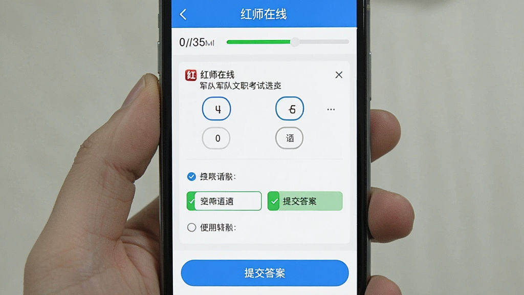һ���ֻ���Ļ��ͼ������չʾ����ʦ���ߡ�App��ˢ����棬��Ļ������һ��������ְ���Ե�ѡ���⣬�·����ĸ�ѡ�����һ��ѡ�ѡ�в���ʾΪ��ɫ���ײ��С��ύ�𰸡���ť����Ļ�Ϸ��м�ʱ���ͽ��������������࣬�԰�ɫ����ɫΪ���������������ɾ����޶���Ԫ��