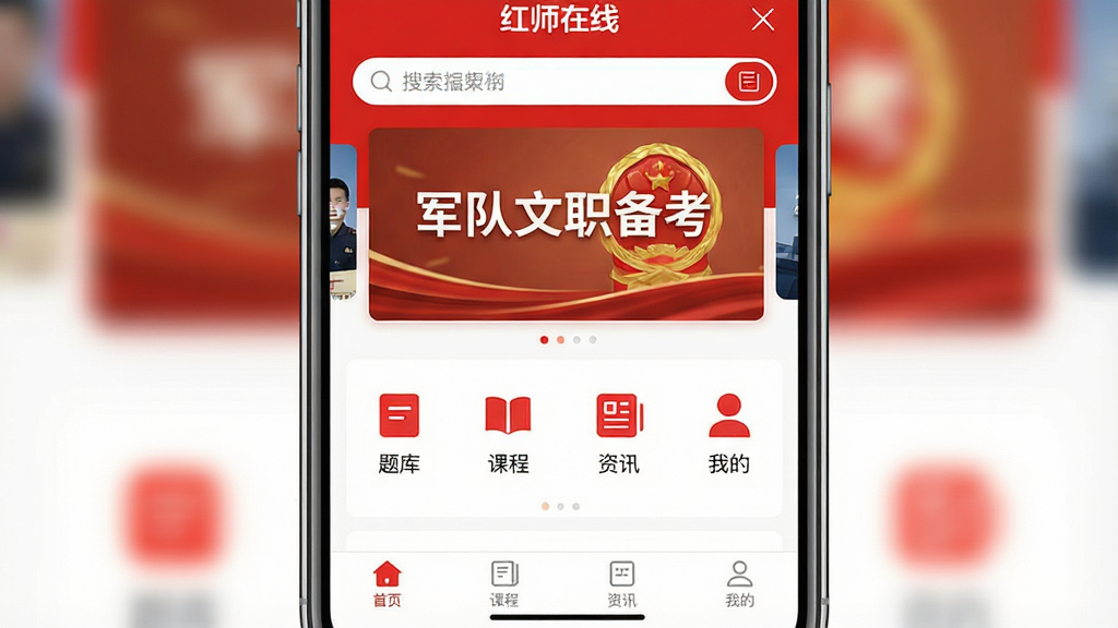 һ���ֻ�Ӧ�ý���չʾͼ�������������ֻ���Ļ����Ļ����ʾ����ʦ���ߡ�App����ҳ����ҳ��������������ֲ�ͼ���ֲ�ͼ��д�š�������ְ���������м��ǹ���ͼ�����򣬰�������⡱�����γ̡�������Ѷ�������ҵġ��ĸ�ͼ�꣬�ײ��ǵ�������������ɫ�Ժ�ɫ�Ͱ�ɫΪ������������죬�����������ɾ����޶���Ԫ��