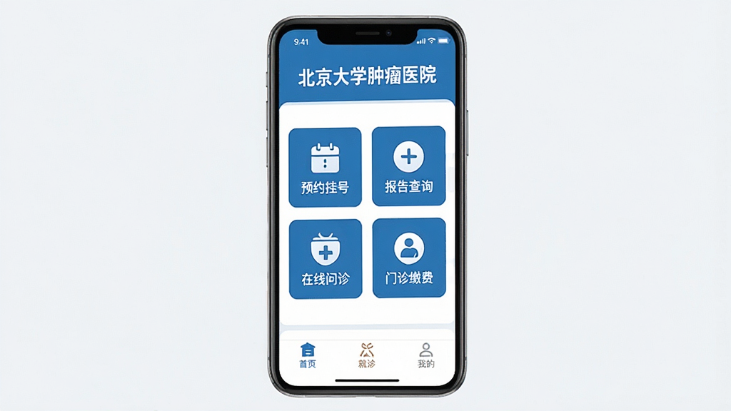 һ���ֻ���Ļչʾ����������ҽԺ��APP�������ͼƬ����������ɫ�Ͱ�ɫΪ��ɫ����������ʾҽԺ���ơ�������ѧ����ҽԺ�����м���ԤԼ�Һš������ѯ�������������ɷ��ĸ���ͼ�갴ť���ײ�Ϊ��ҳ������ҵ�����ѡ��������ɾ��������������޶���Ԫ��
