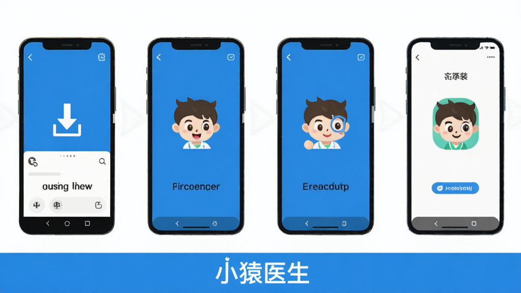 СԳҽ��APP���ذ�װ����ʾ��ͼ������չʾ�ֻ���Ļ�ӵ�����ص���װ��ɵ��ĸ����裬ÿ�������ü��ͼ���ʾ��������ɫ����ƽ����񣬵ײ��С�СԳҽ�������ֱ�ʶ���������������ʸɾ��޶���Ԫ��