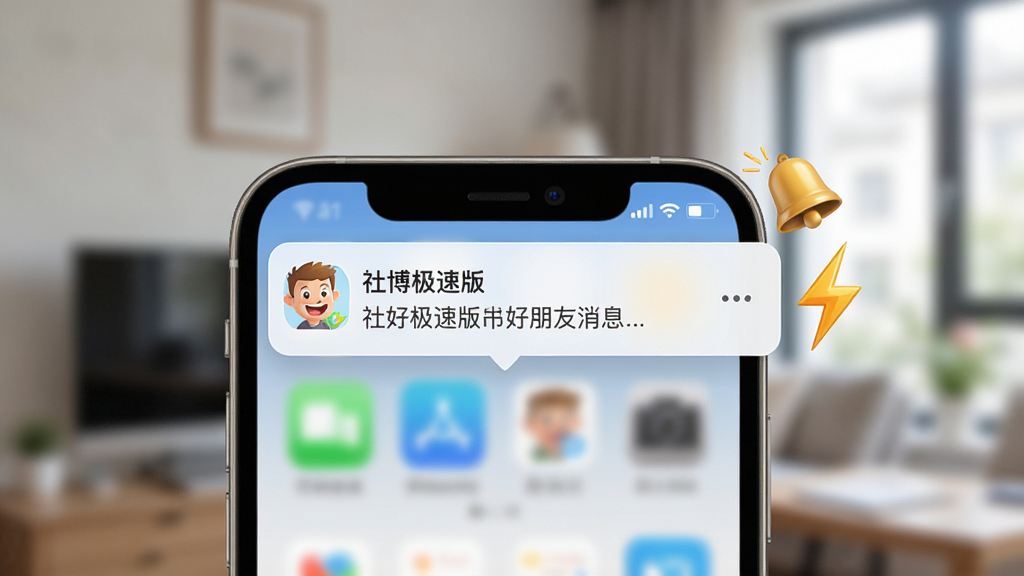 一张展示社博极速版消息即时提醒功能的图片,画面主体是一部手机屏幕顶部弹出消息通知横幅,通知内容显示来自社博极速版的好友消息,手机旁边有一个小铃铛图标和闪电符号,背景是模糊的室内场景,风格写实,画质清晰,无多余元素。