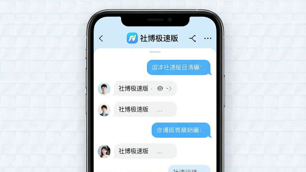 一张展示社博极速版清爽聊天环境的图片,画面主体是一个手机聊天界面,聊天列表整洁排列,没有广告横幅,顶部有社博极速版的Logo,界面以白色和浅蓝色为主,气泡对话框清晰可见,背景是淡淡的网格纹理,风格简约现代,画质清晰,无多余元素。