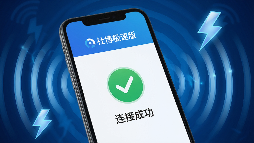 一张展示社博极速版极速连接体验的图片,画面主体是一部手机屏幕,屏幕上显示社博极速版的连接成功界面,有绿色的对勾图标和“连接成功”字样,背景是抽象的无线信号波纹和闪电符号,风格科技感十足,色调以蓝色和白色为主,细节清晰,画质干净,无多余元素。