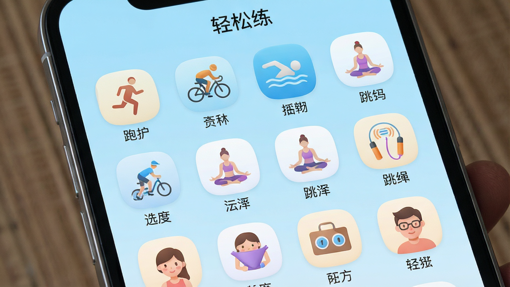 һ���ֻ�Ӧ�ý����ͼ���ͼƬ����������ʾ����������App���˶�����ѡ��ҳ�棬��Ļ�����������Ÿ����˶�ͼ�꣬�����ܲ������С���Ӿ���٤�������ȣ�ÿ��ͼ���·��ж�Ӧ�����ֱ�ǩ�����汳��Ϊǳ��ɫ��ͼ����Բ��ͳһ�����岼���������򣬻��ʸɾ��޶���Ԫ��