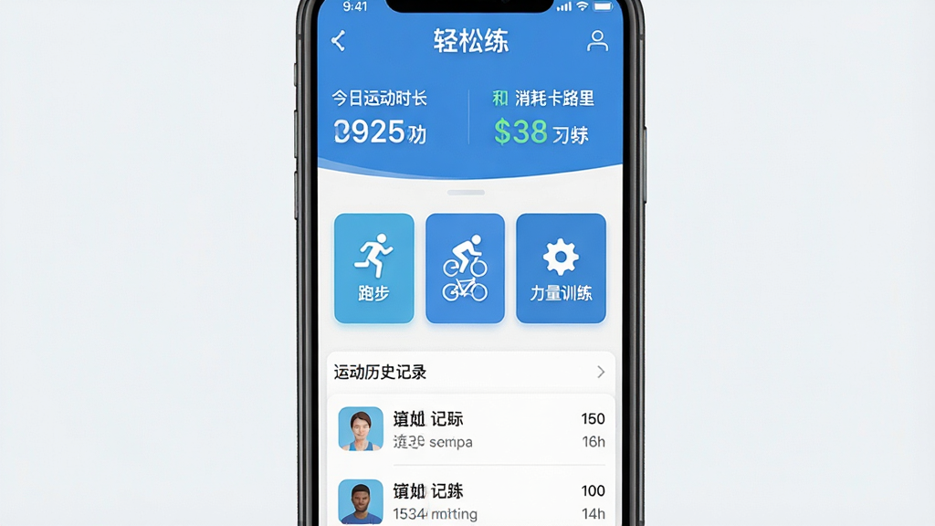 һ���ֻ���Ļչʾ�����˶���¼App�Ľ��棬���������ǡ���������Ӧ�õ���ҳ���Ϸ���ʾ�����˶�ʱ�������Ŀ�·�����ݣ��м����˶�����ѡ��ť�������ܲ������С�����ѵ����ͼ�꣬�·����˶���ʷ��¼�б������岼�ּ������������ִ���ƽ������ɫ��Ϊ�������ʸɾ��޶���Ԫ��