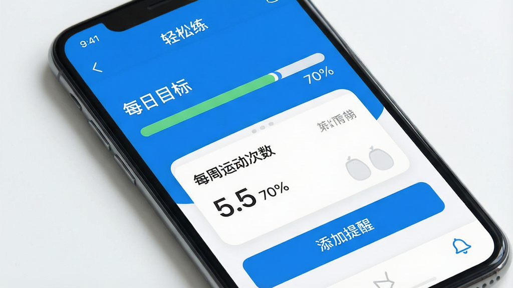 һ���ֻ�Ӧ�ý���չʾͼ�������С���������App��Ŀ���趨ҳ�棬��Ļ�Ϸ���ʾ��ÿ��Ŀ�ꡱ�����ͽ������������������70%���·��С�ÿ���˶���������Ŀ�꿨Ƭ������ײ��С��������ѡ���ť�����������¼�Լ����ɫ������Ϊ�������ʸɾ��޶���Ԫ��