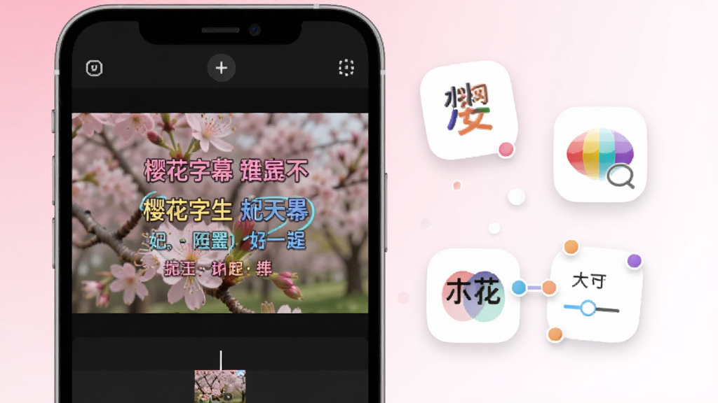 ӣ����Ļ����չʾͼ��������һ���ֻ�������ʾ��Ƶ�༭���棬��Ƶ�����ϵ����Ų�ɫ��Ļ���֣��ֻ��Ա�Ư�������塢��ɫ����С����ʽ����ͼ�꣬��������͵ķ۰�ɫ���䣬����ִ���ƽ��ϸ��Բ�󣬻��ʸɾ����޶���Ԫ��