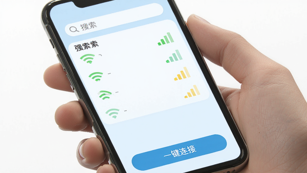 ¿�����������ӹ��߽��棬�ֻ���Ļ��ʾ����WiFi�б����ź�ǿ������ɫ�ͻ�ɫͼ�����֣����涥���������򣬵ײ��С�һ�����ӡ���ť��������ǳ��ɫ����������죬��������������Ԫ��