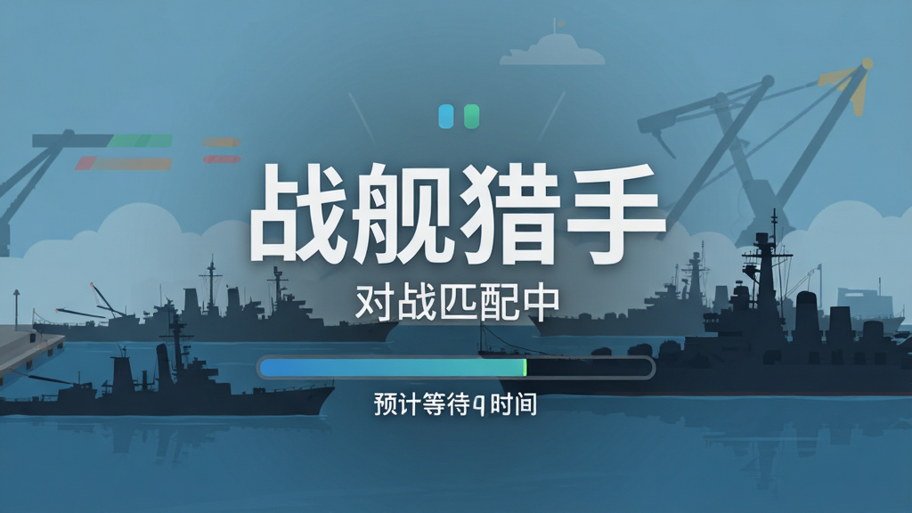 游戏匹配界面风格,画面中央显示“战舰猎手”对战匹配中,下方有进度条和预计等待时间,背景是港口停泊着多艘战舰,有驱逐舰、巡洋舰、战列舰的剪影,画面风格现代扁平,文字清晰,画质干净,无多余元素