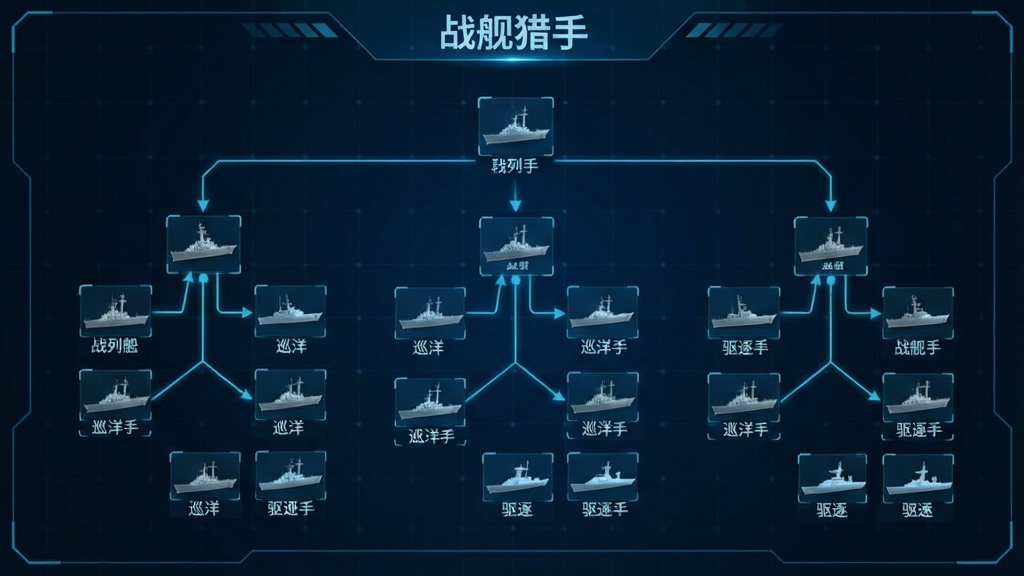 科技树界面截图风格,画面中央是“战舰猎手”科技树分支图,有战列舰、巡洋舰、驱逐舰三条路线,每条路线有多个节点和连线,节点上有战舰小图标,背景是深蓝色科技感网格,文字标签清晰,画质干净,无多余元素