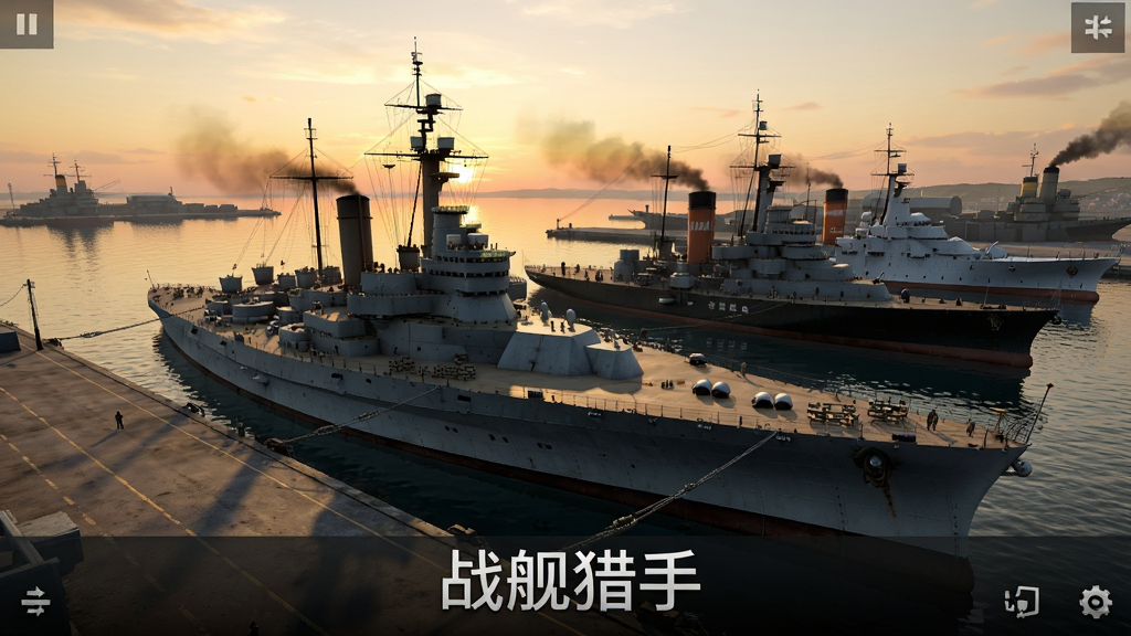 港口界面截图风格,画面中央停泊着多艘二战历史名舰,有俾斯麦号、大和号等,舰船细节丰富,背景是夕阳下的军港,画面下方显示“战舰猎手”收藏界面文字,风格写实游戏渲染,画质高清,干净,无多余元素