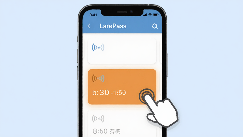 һ��չʾLarePass���ӹ��������ʾ��ͼ������������һ���ֻ�����Ļ����ʾLarePassӦ�ý��棬�������ж������ڵ㿨Ƭ��ÿ����Ƭ�����ź�ͼ����ӳ����֣�����һ����Ƭ������ѡ�У��Ա�����ָ�����ͼ�꣬����Ϊǳ��ɫ������ִ���࣬���������޶���Ԫ��