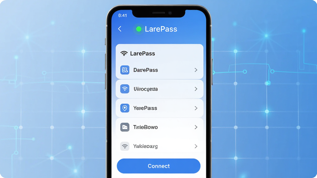һ��չʾLarePassӦ�������������ͼ�������������ֻ���Ļ����Ļ����ʾLarePass�ļ����棬����������״ָ̬ʾ�ƣ��м��ǿ��������б����ײ������Ӱ�ť��������ɫΪ���׽��䣬����Ϊ��͵ĿƼ������񣬷���ƽ����ƣ�ϸ�����������ʸɾ��޶���Ԫ��