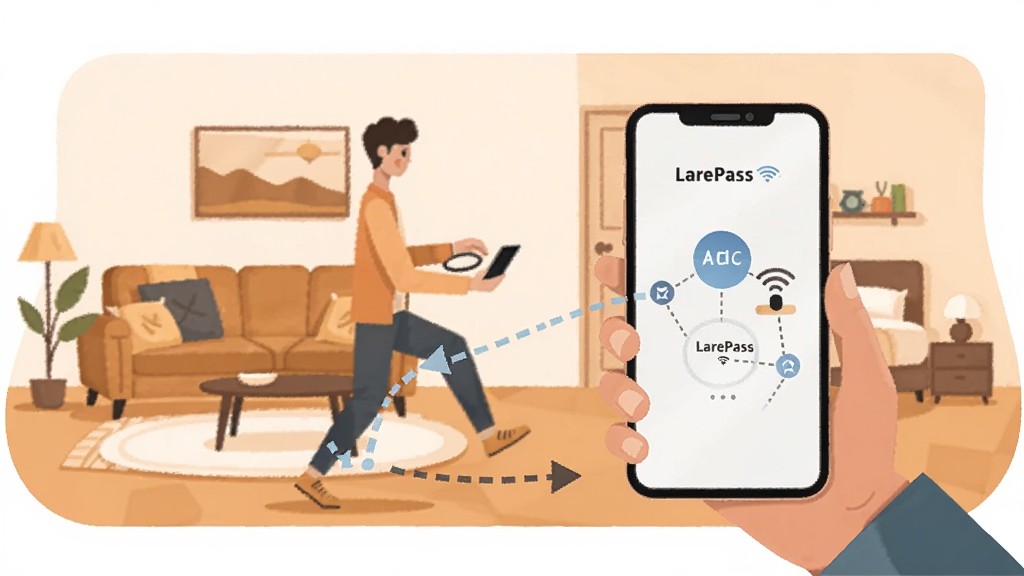 һ��չʾLarePass���������л����ܵ�ʾ��ͼ��������һ���������ֻ��ӿ����������ң��ֻ���Ļ����ʾLarePass�����Զ��л�����ڵ㣬���������߼�ͷ��ʾ�ƶ�·�������Ϊ��ƽ�廭��ɫ����ů�����ʸɾ��޶���Ԫ��