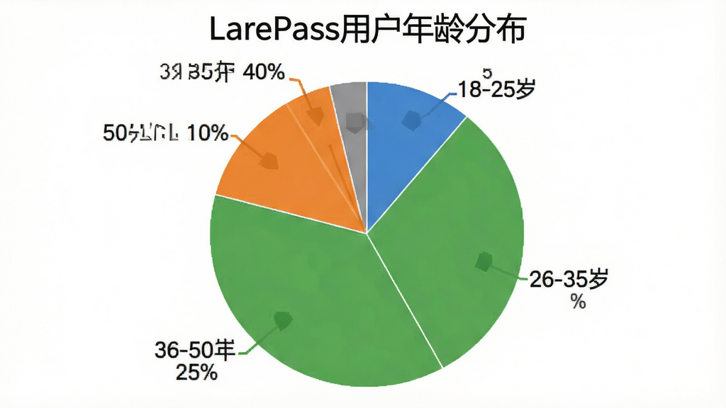һ��չʾLarePass�û�����ֲ��ı�״ͼ��ͼ������Ϊ��LarePass�û�����ֲ�������ͼ��Ϊ�ĸ��������ֱ��ע18-25��25%��26-35��40%��36-50��25%��50������10%����ɫΪ���̳Ȼң�����Ϊ��ɫ����������ݿ��ӻ������������޶���Ԫ��