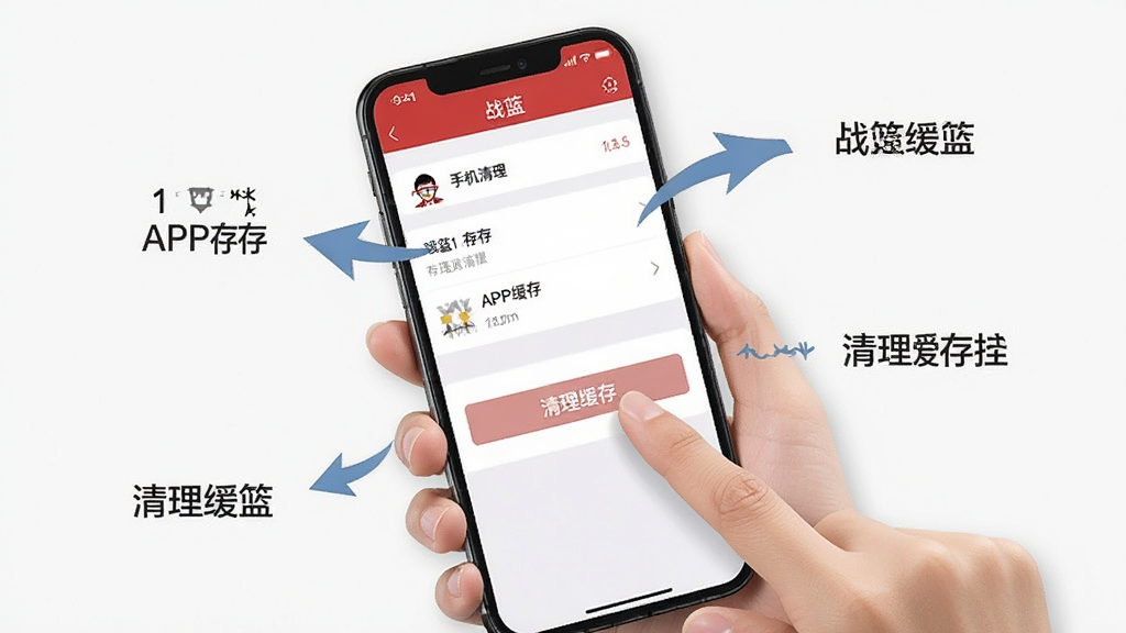 一张展示手机清理“战篮”APP缓存的操作示意图,画面中一只手拿着手机,手指正点击屏幕上的“清理缓存”按钮,手机界面显示“战篮”的设置页面,周围有箭头标注操作步骤,背景简洁,风格清晰明了,画质干净无多余元素。