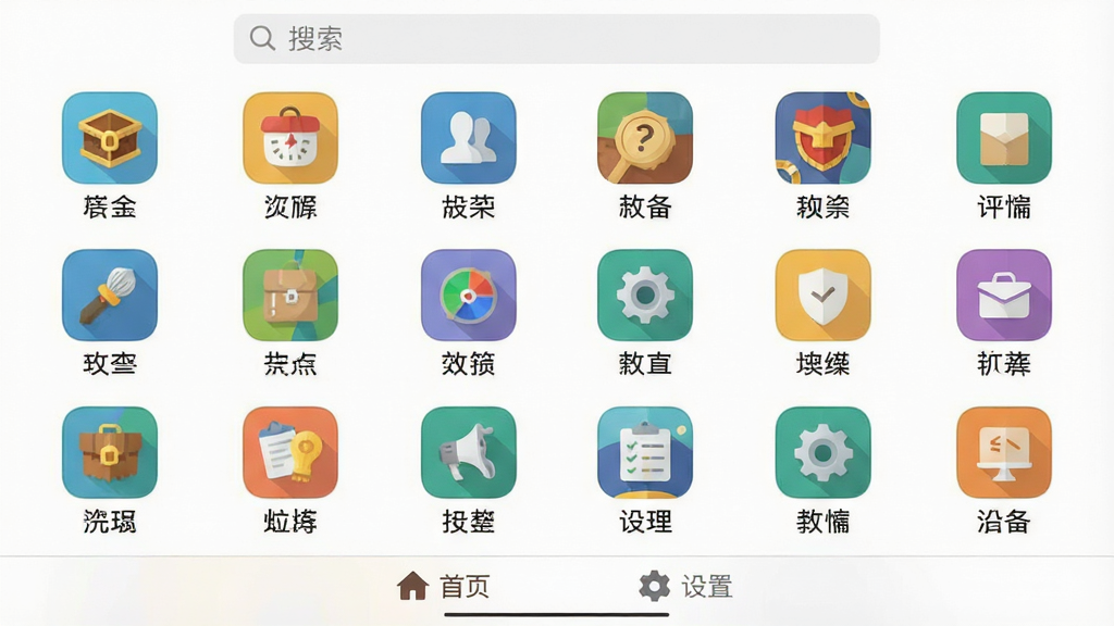 һ�� treasure Ӧ�õĹ����б������ͼ����Ļ����������ʽ�����Ŷ������ͼ�꣬ÿ��ͼ���·��ж�Ӧ���������ƣ����涥�������������ײ��С���ҳ���͡����á�����ѡ�������Ϊ����ɫ��ͼ��Ϊ��ɫ��ƽ��񣬻��ʸɾ�����