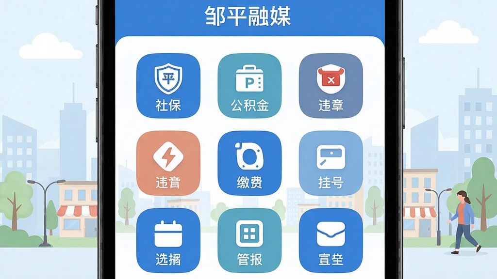 ��ƽ��ý��������ܽ��棬�ֻ���Ļ��ʾ�Ź������ͼ�꣬�����籣��������Υ�¡��ɷѡ��Һŵȱ�ʶ��ÿ��ͼ�����м��ͼ�η��ţ�������������ɫΪ����ͼ��Բ���ƽ������Ϊǳɫ����������廭���������ʵ�ã����ʸɾ��޶���Ԫ��