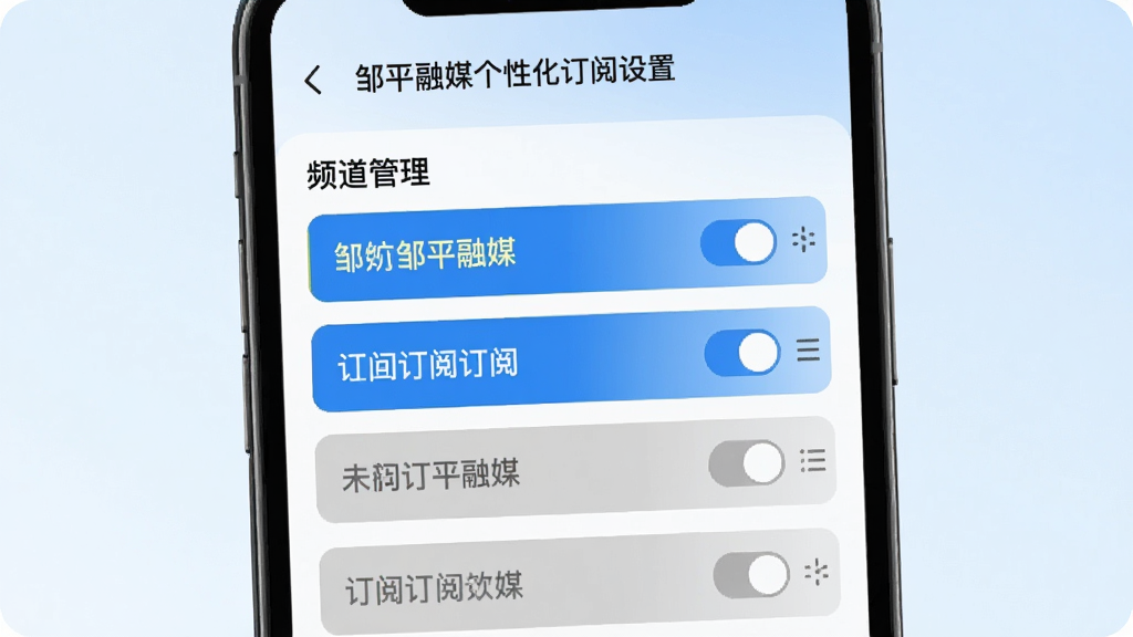 ��ƽ��ý���Ի��������ý��棬�ֻ���Ļ��ʾƵ�������б���ÿ��Ƶ���Ա��п��ذ�ť����ק����ͼ�꣬�Ѷ���Ƶ��������ʾ��δ����Ƶ����ɫ��ʾ����������ˬ������Ϊ����ɫ���䣬����ִ���Լ�����ʸɾ��޶���Ԫ��