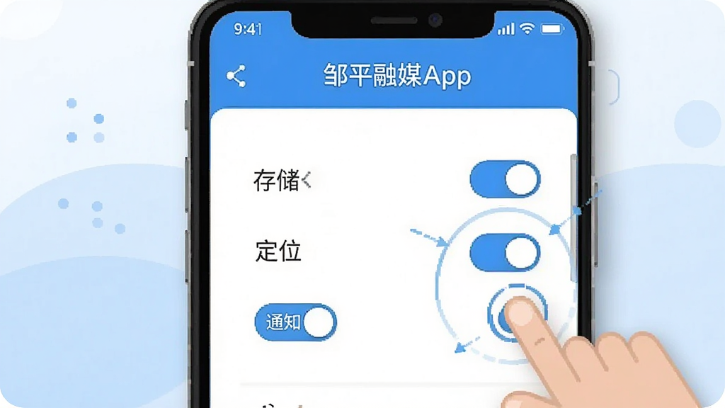 ��ƽ��ýApp��װ���ý���ʾ��ͼ���ֻ���Ļ��ʾȨ�޹���ҳ�棬�����洢����λ��֪ͨ����Ȩ�޿��أ��Ա�����ָ���������ʾ��ͼ�Σ�������������ɫΪ�����������ɾ�������ƽ����ѧͼʾ�����������޶���Ԫ��
