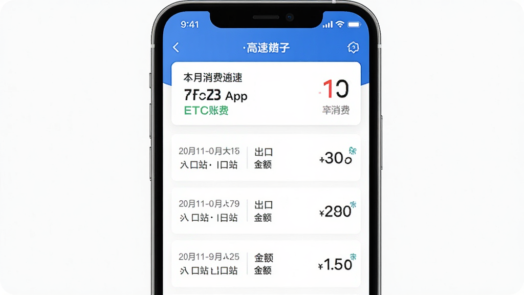��������App ETC�˵�ҳ�棬�ֻ���Ļչʾͨ�м�¼�б���ÿ����¼�������ڡ����վ������վ���������б������ѻ��ܿ�Ƭ�������԰�ɫΪ��ɫ����������������������񣬻��ʸɾ�
