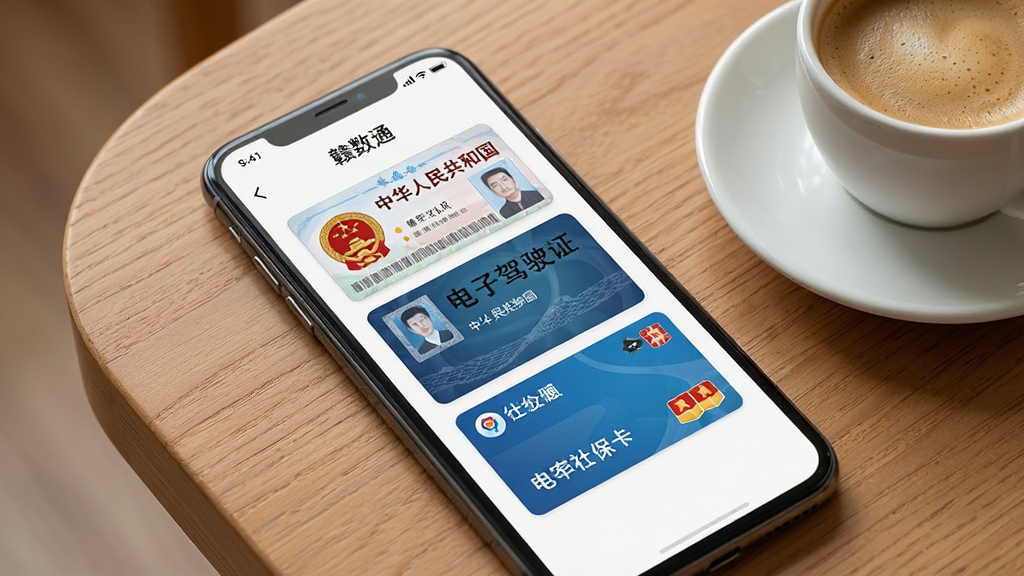 һ��չʾ������ͨ��App����֤�չ��ܵ�ͼƬ����������Ϊ�ֻ���Ļ����Ļ����ʾһ���������棬�������������ŵ�������֤�����Ӽ�ʻ֤�͵����籣���Ŀ�Ƭ����ͼ��ÿ�ſ�Ƭ���������Ĺ��պ͡��л����񹲺͹������������ֲ����ֻ�ƽ����ľ�������ϵ��ӽǣ��Ա���һ�����ȡ����Ϊ�����Լ�磬ɫ����ů��ϸ�ھ��£����ʸɾ����޶���Ԫ�ء�