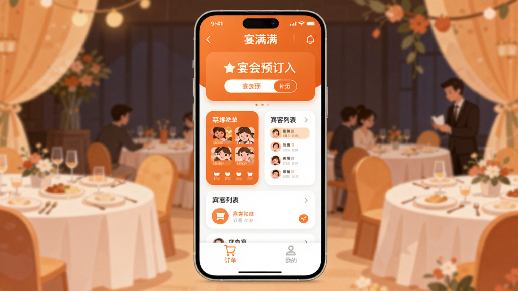 手机屏幕中央展示“宴满满”APP主界面,顶部是宴会预订入口,中间是菜单管理和宾客列表卡片,底部是订单和我的选项卡,背景是温馨的宴会场景插画,风格现代扁平,配色以暖橙和白色为主,细节圆润,画质干净无多余元素