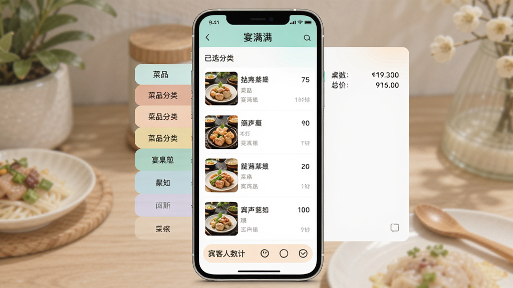 手机界面展示“宴满满”的菜单管理页面,左侧是菜品分类标签,中间是已选菜品列表,右侧显示桌数和总价,底部有宾客人数统计条,风格清新,配色柔和,画质干净无多余元素