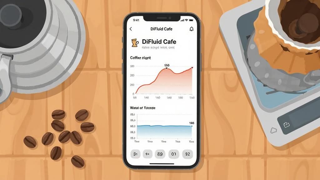 һ��չʾ DiFluid Cafe Ӧ�ú��Ľ���ĺ�����ֲ廭������������һ�������ֻ�����Ļ����ʾ DiFluid Cafe �ĳ����¼ҳ�棬�п���Һ�������ߺ�עˮʱ���ᣬ�ֻ���Χɢ���ſ��ȶ����ֳ���͵��ӳӣ�������ůľɫ���棬�������ִ���ƽ��������ͣ����ʸɾ����޶���Ԫ��