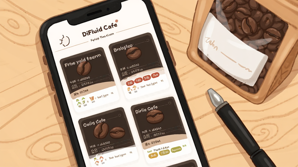 һ�� DiFluid Cafe ���ӵ���ҳ����ֻ�����廭����Ļ�������Ŷ��ſ��ȶ���Ƭ��ÿ�ſ�Ƭ���ж������ơ��決���ںͷ�ζ��ǩ���ֻ��Ա߷���һ�����ȶ���һ֧�ʣ�������ǳɫľ�����棬�����ܰ��࣬���ʸɾ����޶���װ��
