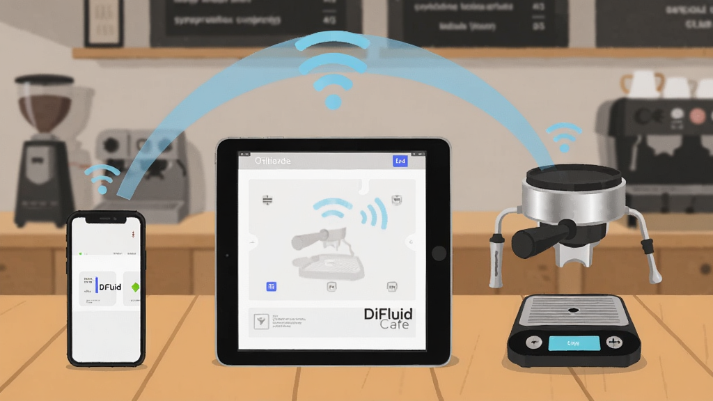 һ��չʾ DiFluid Cafe ���豸ͬ������Ĳ廭��������һ���ֻ���һ̨ƽ���һ�����ܿ��ȳ�ͨ�������ź�������һ������֮���õ���ɫ���߱�ʾ���ݴ��䣬�����Ǽ��Ŀ��Ȱ�̨�����Ƽ���������н�ϣ����ʸɾ����޶���Ԫ��