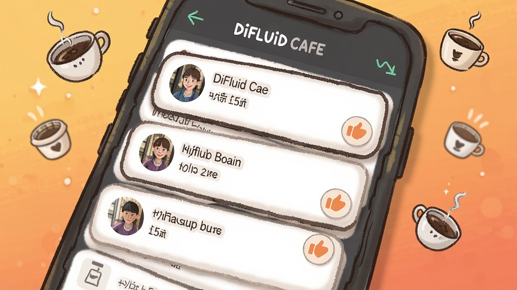 һ�� DiFluid Cafe ��������ҳ��Ĳ廭���ֻ���Ļ����ʾ�����û������ĳ����䷽��Ƭ��ÿ�ſ�Ƭ���û�ͷ�񡢶������ƺ͵���ͼ�꣬�ֻ���ΧƯ���ż���СС�Ŀ��ȱ�ͼ�꣬������ů��ɫ���䣬�������Ѻã�����������������Ԫ��