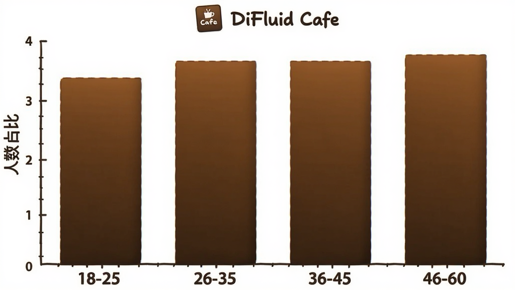 һ��չʾ DiFluid Cafe �û�����ֲ�����״ͼ�廭�������ע����� 18-25��26-35��36-45��46-60�������ע����ռ�ȣ������ÿ���ɫ���䣬ͼ���Ϸ��� DiFluid Cafe ��Сͼ�꣬��������ɫ������������ݿ��ӻ������ʸɾ����޶���Ԫ��