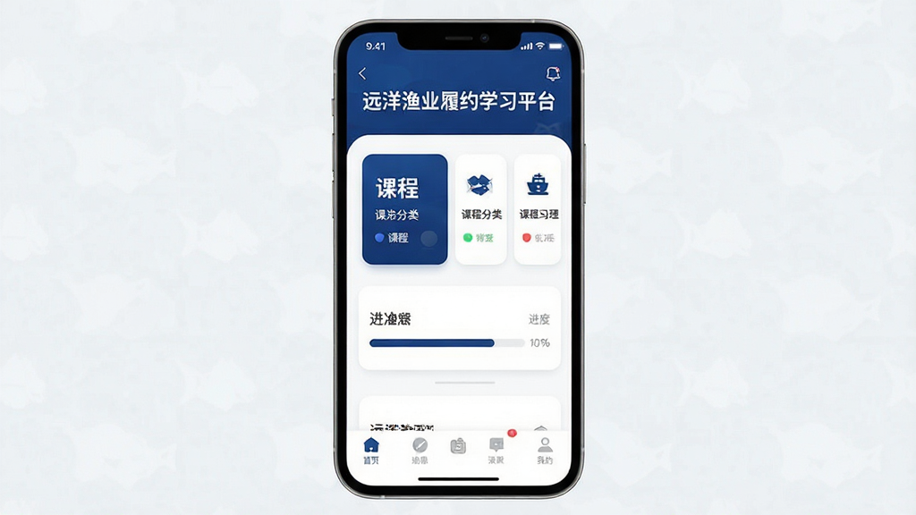 һ��չʾ��Զ����ҵ��Լѧϰƽ̨���ֻ�APP�������ͼƬ��������һ�������ֻ���Ļ����Ļ����ʾAPP��ҳ�������ǡ�Զ����ҵ��Լѧϰƽ̨���ı������֣��м��ǿγ̷��࿨Ƭ�ͽ��������ײ��ǵ������������������Ű��ࡣ���Ϊ�ִ���ƽ����ƣ���ɫ��Ϊ����ɫ�Ͱ�ɫ��ϸ��Բ�󣬻��ʸɾ��������޶���Ԫ�ء�