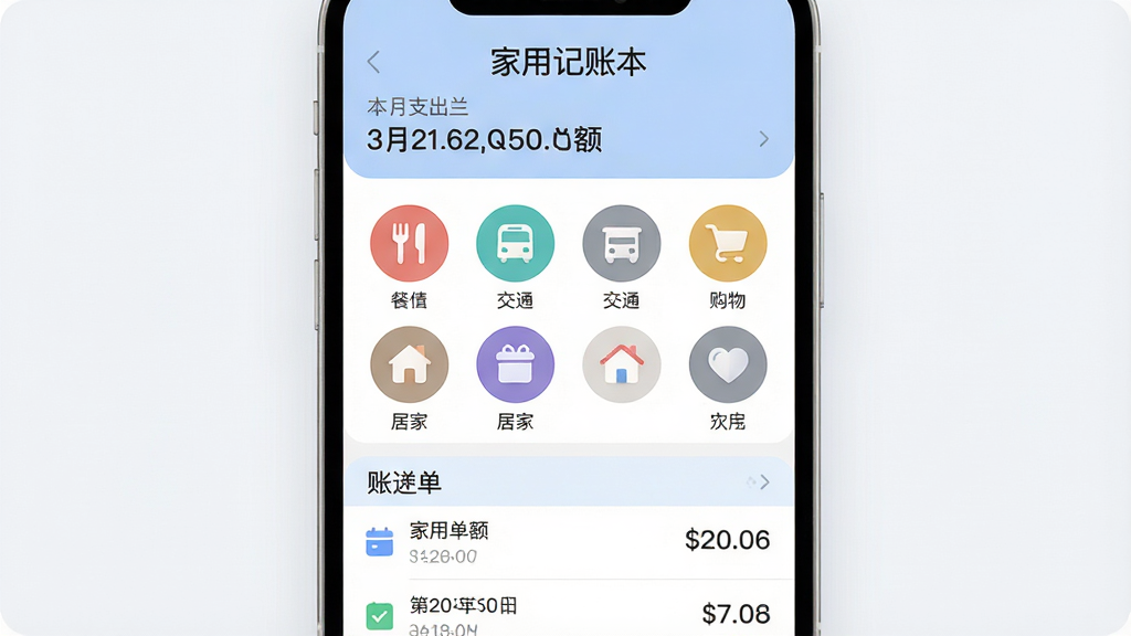 ����������һ�������ֻ����˽��棬���岼�ֲ������½ṹ���Ϸ���ʾ�����ü��˱����ı���ͱ���֧���ܶ�м��Ƿ���ͼ�����񣬰�����������ͨ������Ӽҵ�Բ�β�ɫͼ�꣬�·�����������˵����б���������Ϊ�ִ���ƽ����ƣ���ɫ��Ϊ��͵�����ɫ��ͼ��Բ��ϸ�ڸɾ������������޶���Ԫ�أ�����Ϊǳ�Ұ�ɫ