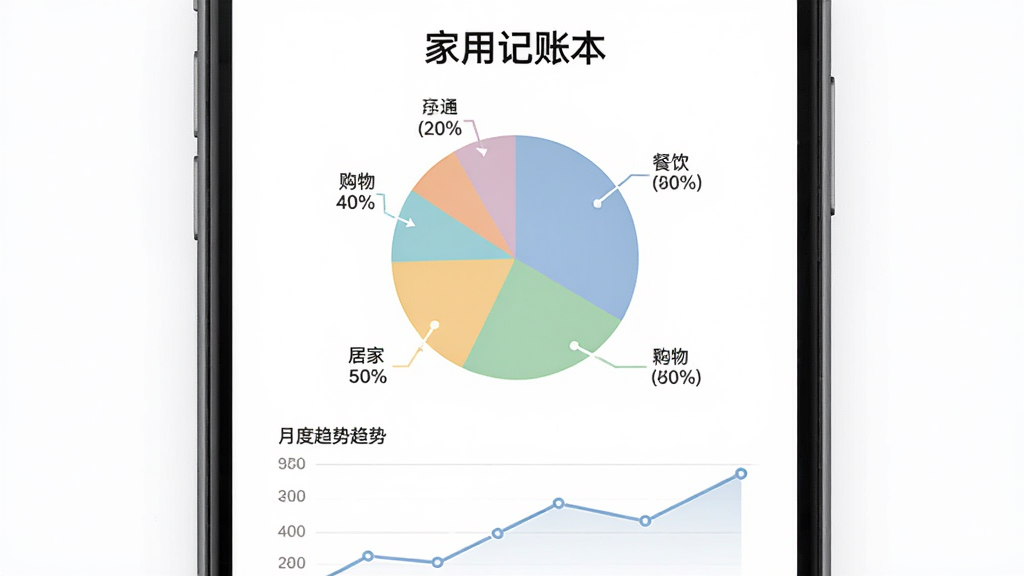 ����չʾ�����ü��˱�����ͳ��ҳ�棬�ֻ���Ļ������һ����ɫ��״ͼ����ͬ��ɫ������������ͨ������Ӽҵ�֧�����࣬��ͼ�Ա��аٷֱȱ�ע���·����¶���������ͼ��������沼������������ִ���ƽ��ɫ����ͣ����ʸɾ�������Ϊ��ɫ���޶���Ԫ��