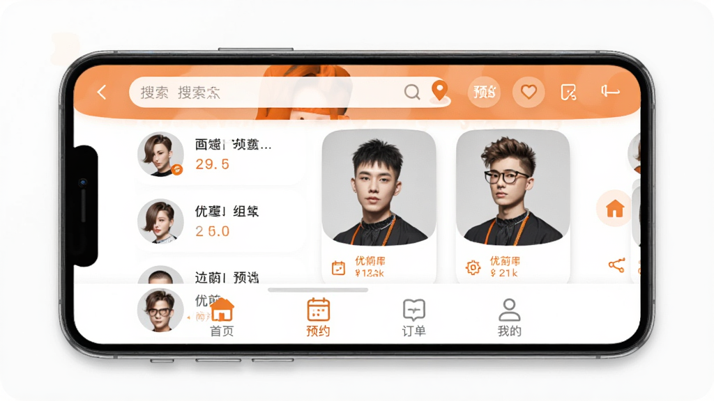 �ż�APP������չʾ���ֻ���Ļ������ʾ���������ŵ��б��ͷ���ʦͷ��Ƭ���������������Ͷ�λ��ʶ���ײ�������������ҳ��ԤԼ���������ҵ��ĸ�ͼ�꣬�����԰�ɫ�ͳ�ɫΪ��ɫ���������ˬ�ִ���ϸ��Բ�󣬻��ʸɾ��޶���Ԫ��