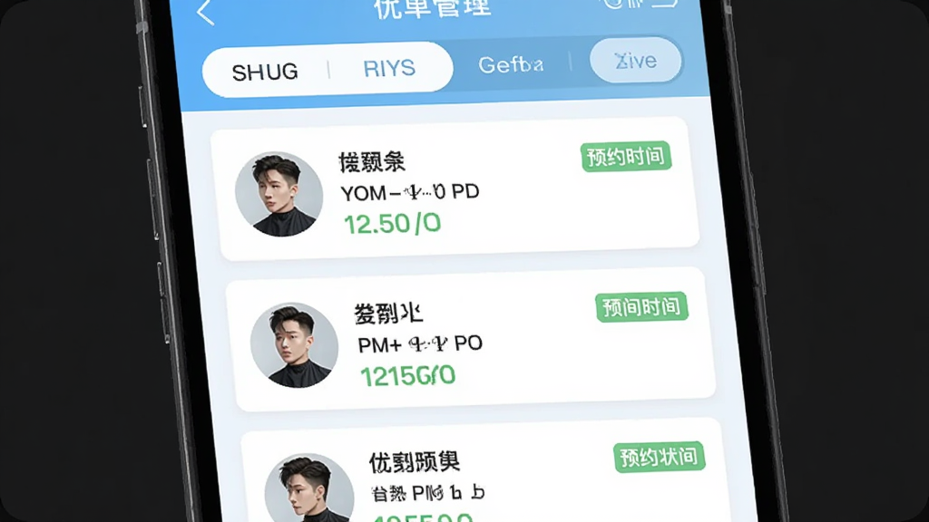 �ż�APP�����������棬�ֻ���Ļ��ʾ������Ƭ�б���ÿ�ſ�Ƭ��������ʦͷ�񡢷�����Ŀ��ԤԼʱ���״̬��ǩ��������ɸѡѡ��������ʵ�ã��԰�ɫ��ǳ��ɫΪ�����������������ʸɾ��޶���Ԫ��