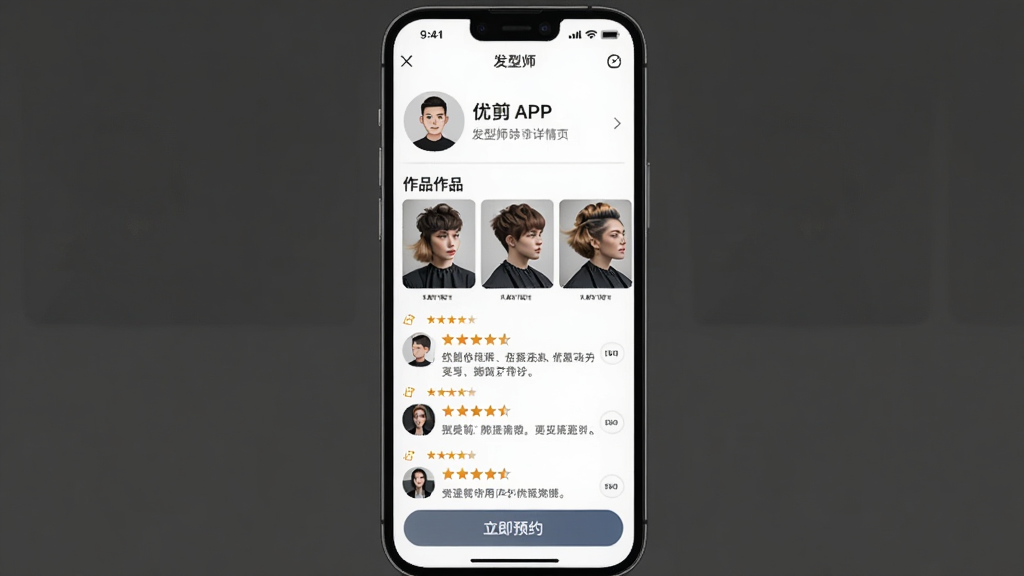 �ż�APP����ʦ����ҳ���ֻ���Ļ��ʾ����ʦͷ����Ʒ������ͼ���û������б������۴����Ǽ����ֺ��������ݣ��ײ�������ԤԼ��ť�����ɾ����࣬�԰�ɫ��ǳ��ɫΪ�������������޶���Ԫ��