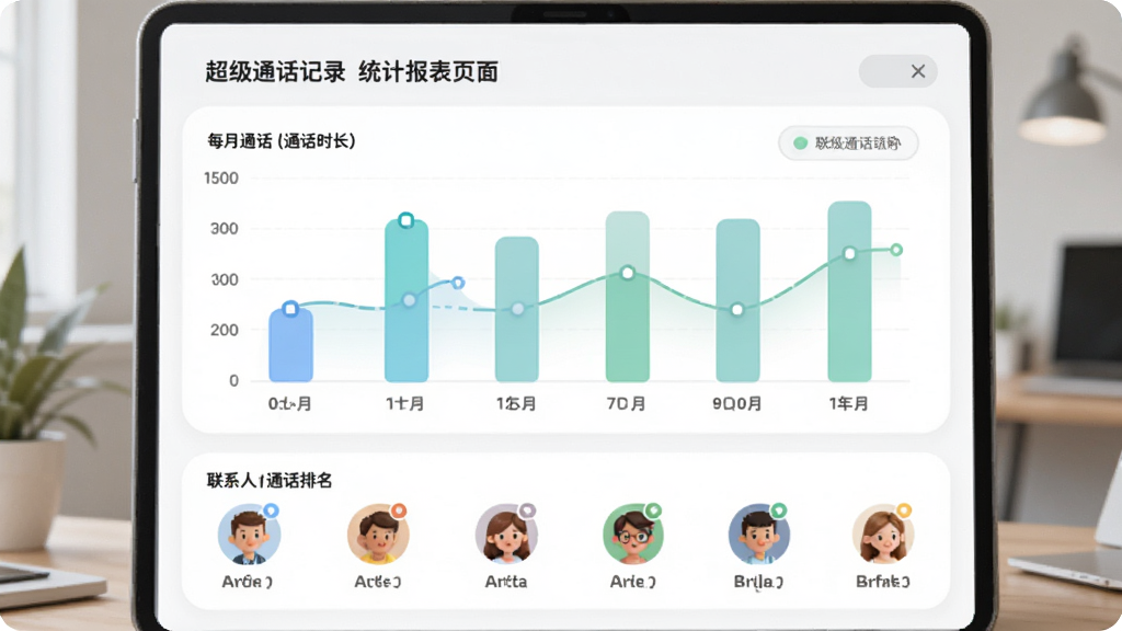 超级通话记录 统计报表页面 柱状图显示每月通话时长 下方有联系人通话排名 配色清新 图表圆润 风格现代